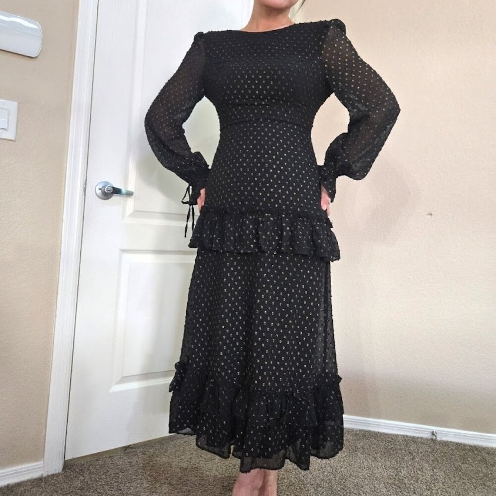 BNWT  endless rose Metallic Dot Long Sleeve Chiffon Midi dress in Black Size S - Picture 3 of 11